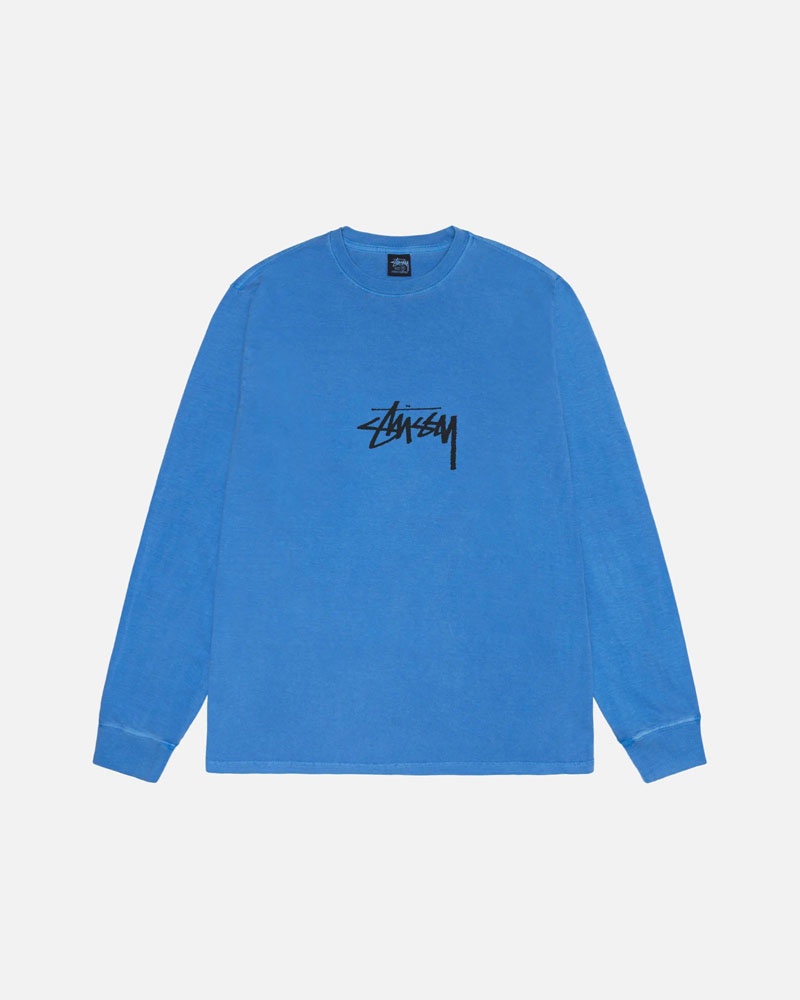 Stussy Small Stock LS Tee Pigment Dyed Sweatshirt Blå | Sverige ULE-168023